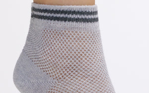 The Mesh Varsity Socks | Gray | Vintage Inspired 40s 50s 60s Style Sock | Ankle Socks in Gray with Navy Blue Stripes | Goose Taffy