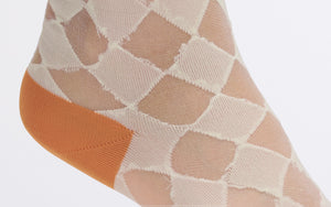 The Semi Sheer Diamond Check Socks | White Orange and Sheer | Half Cutout Invisible Thread Socks | Goose Taffy