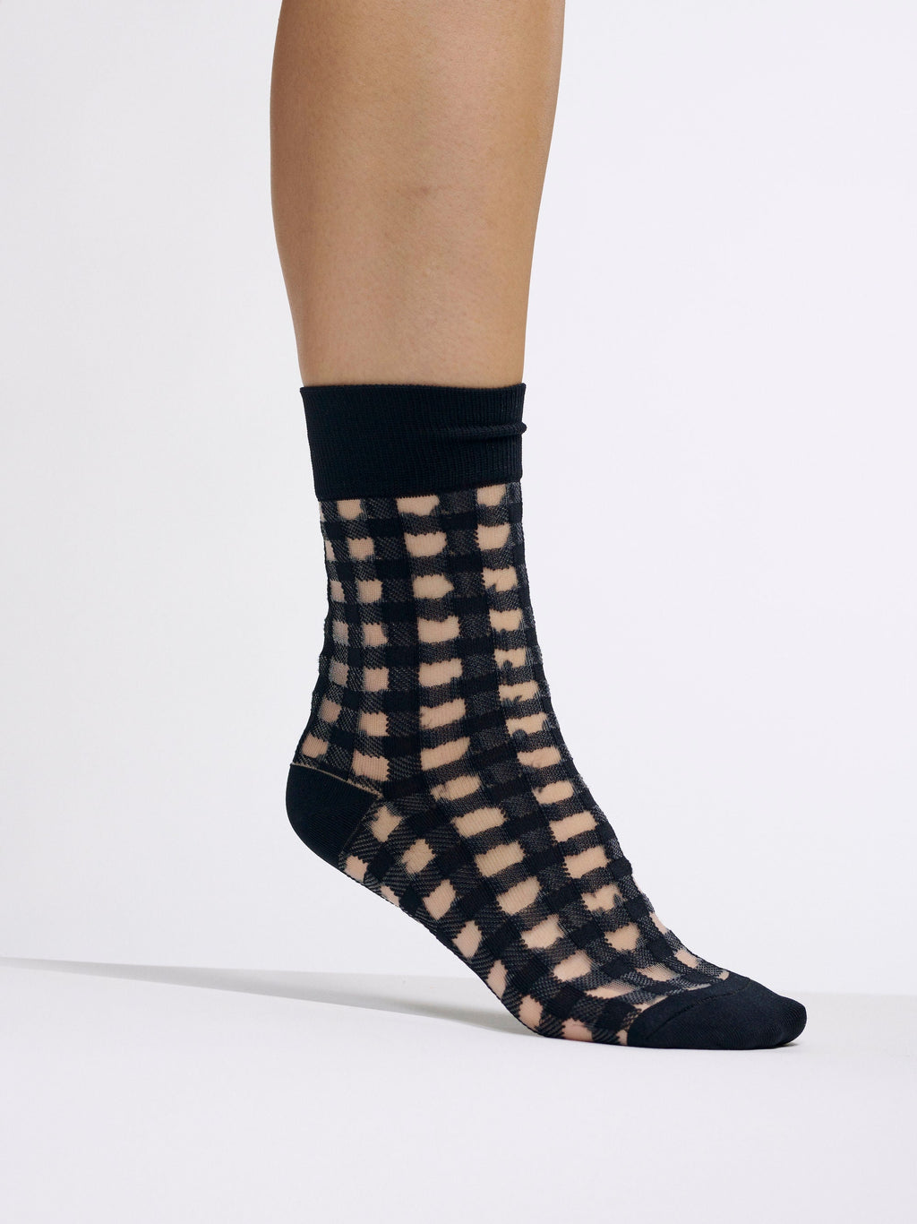 The Semi Sheer Gingham Socks | Black and Clear | Half Cutout Invisible Thread Socks in Black Plaid Grid Pattern | Goose Taffy