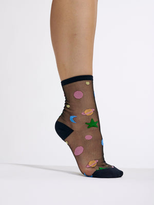 The Sheer Galaxy Socks | Socks with the Whole Solar System on Them | Transparent Black with Planets and Stars | Goose Taffy