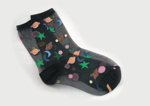 The Sheer Galaxy Socks | Socks with the Whole Solar System on Them | Transparent Black with Planets and Stars | Goose Taffy
