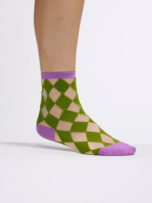 The Semi Sheer Diamond Check Socks | Green and Purple and Sheer | Half Cutout Invisible Thread Socks | Goose Taffy