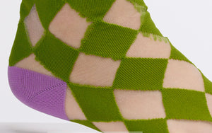 The Semi Sheer Diamond Check Socks | Green and Purple and Sheer | Half Cutout Invisible Thread Socks | Goose Taffy
