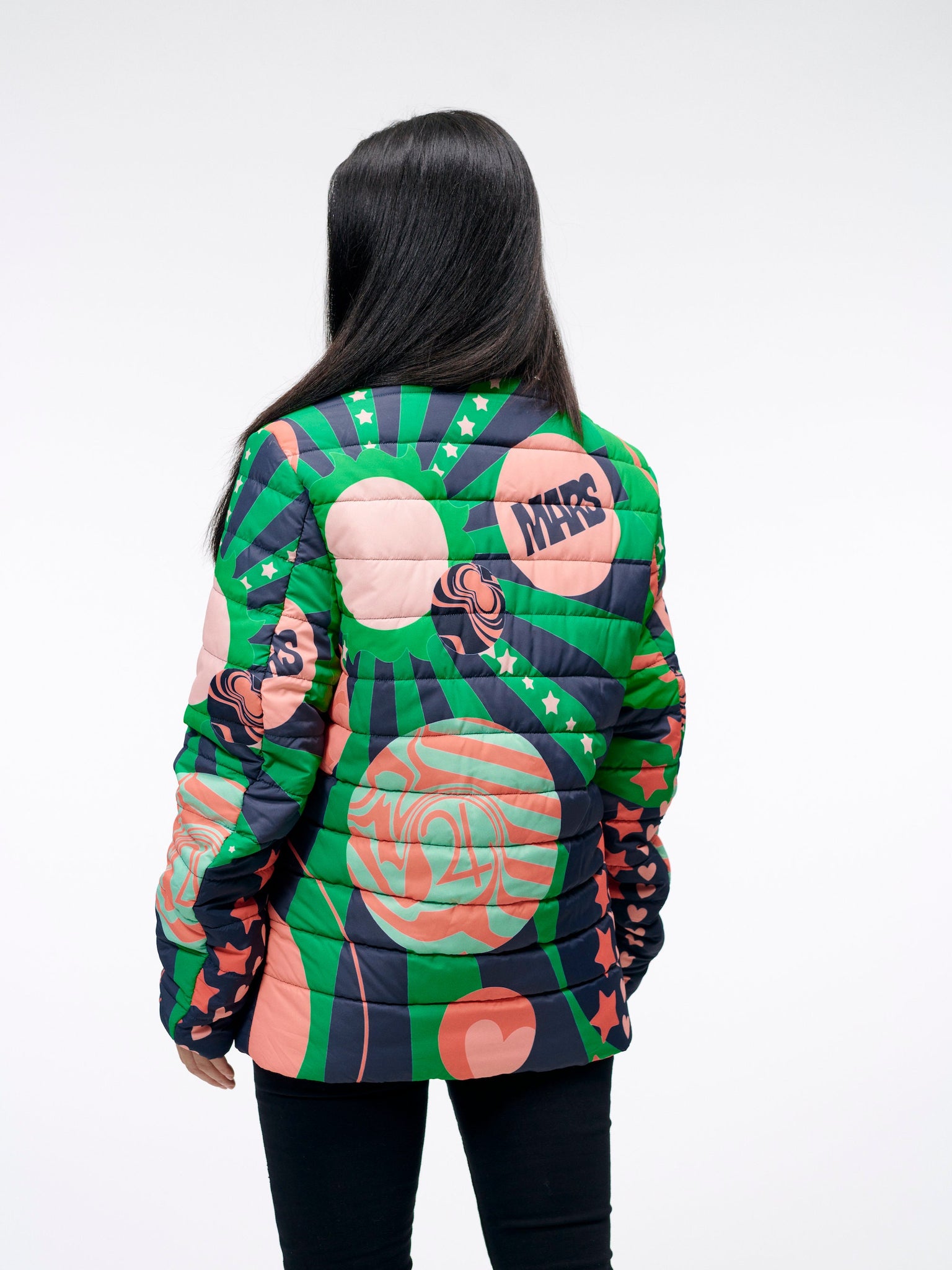 The Planetary Sun Beam Jacket | A Psychedelic Design for the Intergalactic | Quilted Zippered Jacket in Green and Red Artwork | Goose Taffy