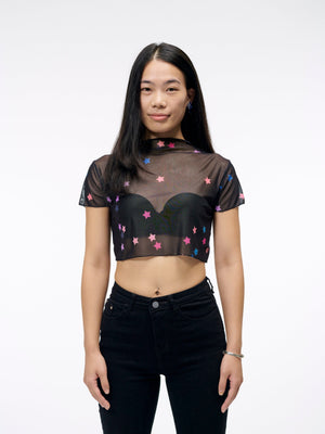 The Star Confetti Crop Top  Sheer Mesh Shirt in Black with Pink