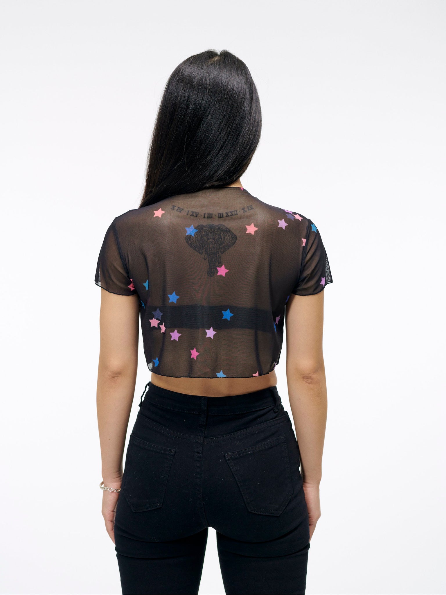 The Star Confetti Crop Top | Sheer Mesh Shirt in Black with Pink and Purple Stars | Goose Taffy