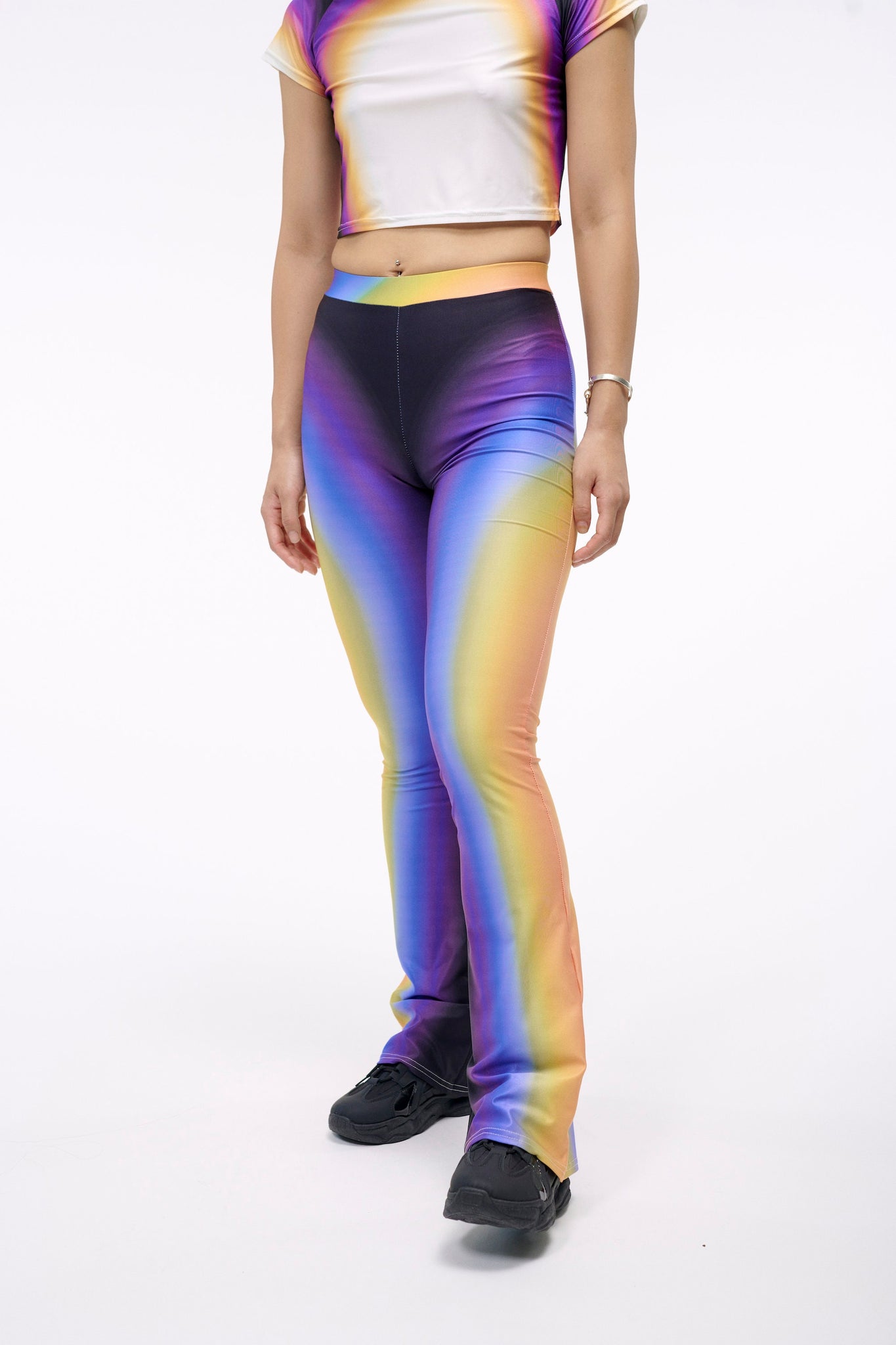 The Blazing Heat Glow Pant | A Black Rainbow Piece for the Galactic | Flared Legging with a High Contrast Gradient Print | Goose Taffy