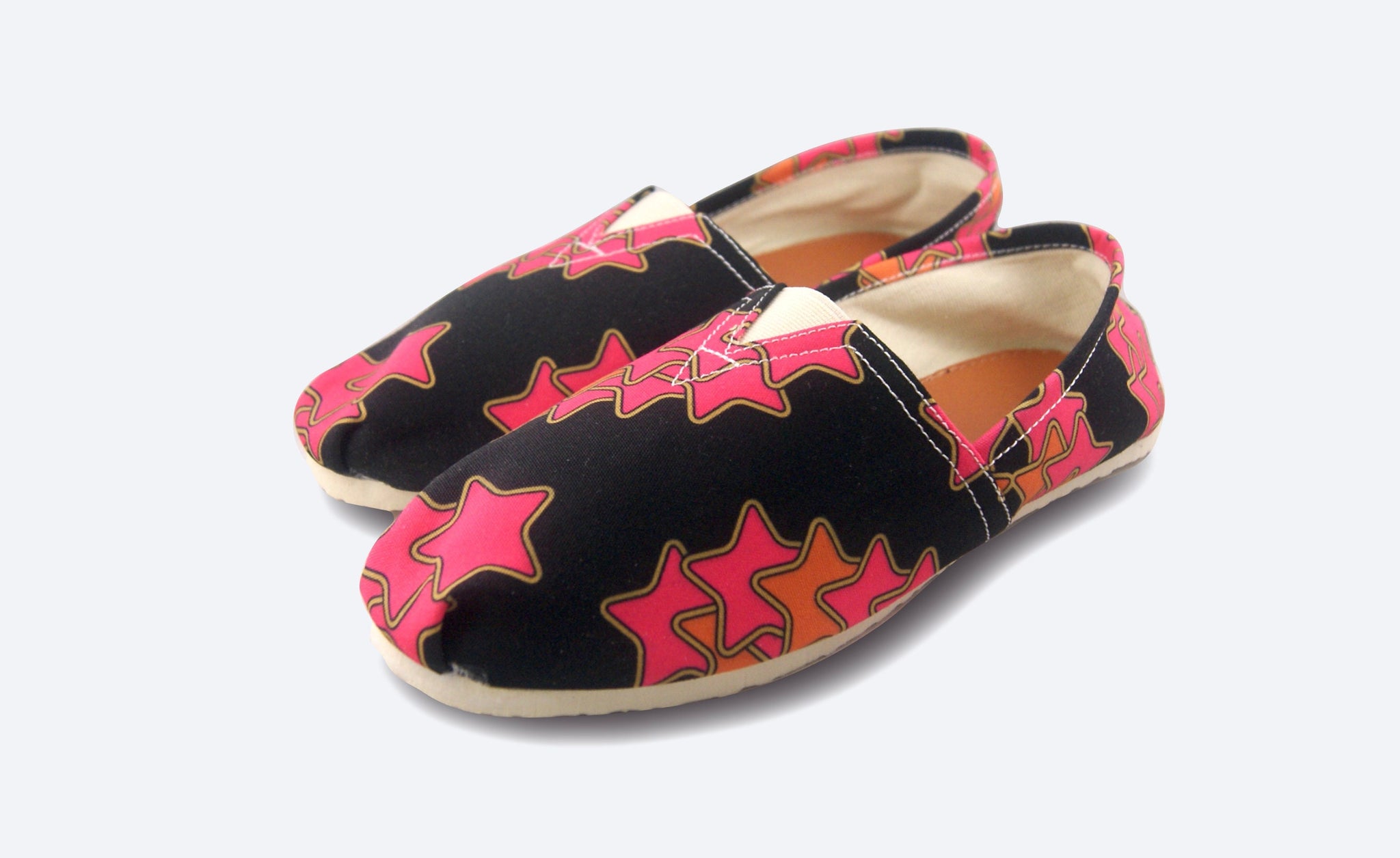 The Disco Starshower Flat | A Fabulous Shoe for Dazzling | Espadrille Style Loafer with a Groovy Black and Pink Star Print | Goose Taffy