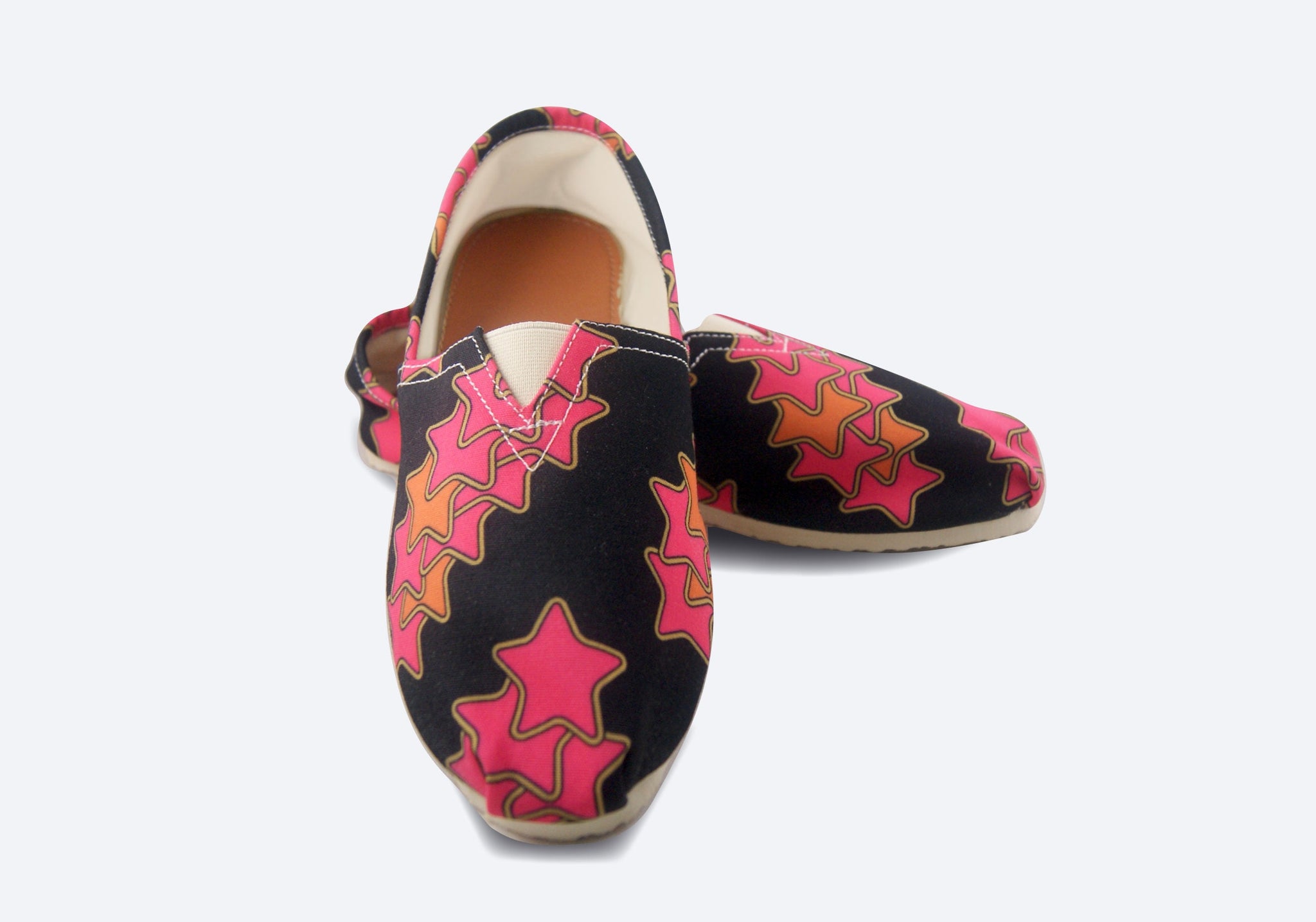 The Disco Starshower Flat | A Fabulous Shoe for Dazzling | Espadrille Style Loafer with a Groovy Black and Pink Star Print | Goose Taffy
