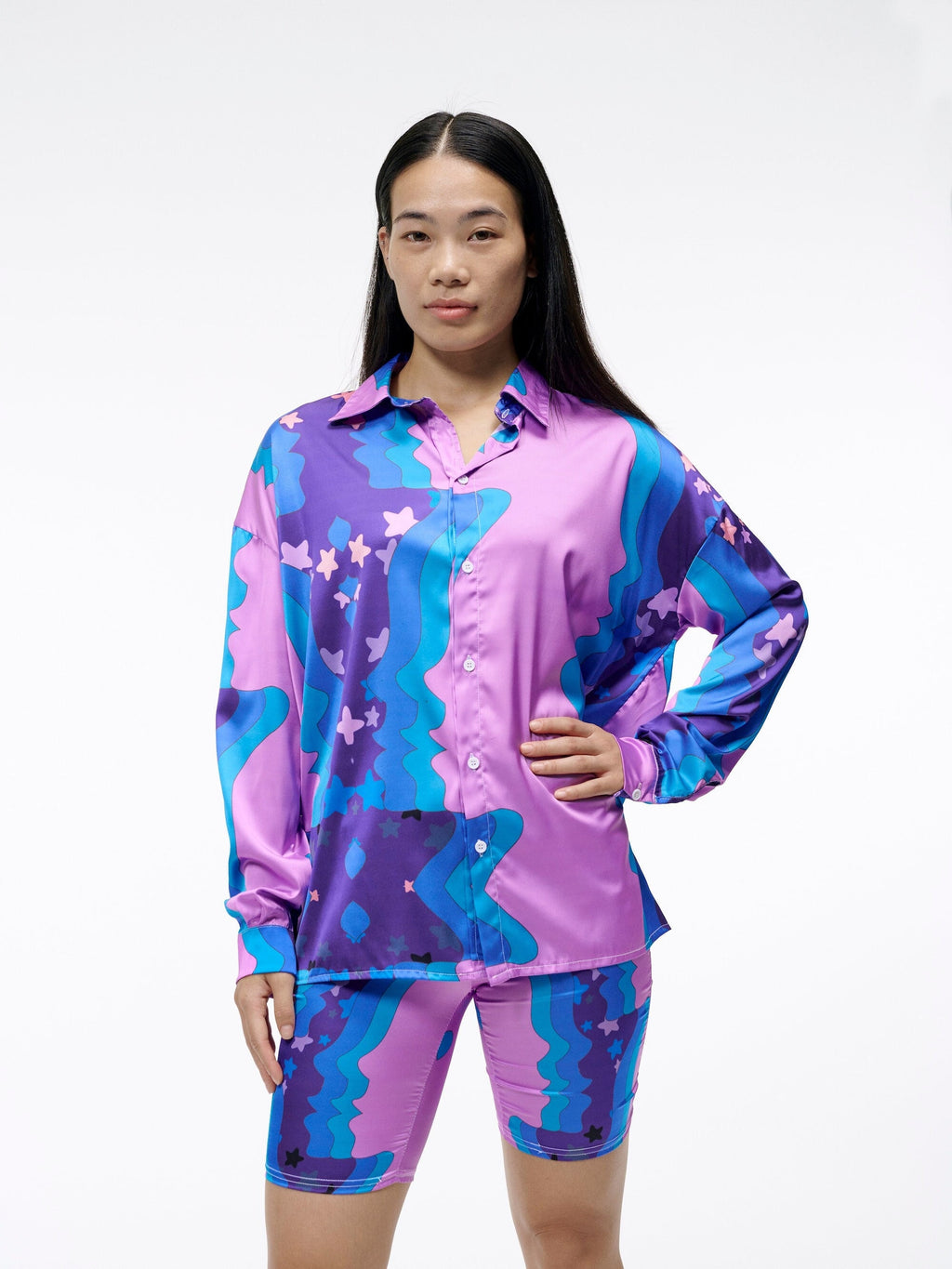The Galaxy Glow Aura Shirt | A Groovy Satin Shirt for Dreamers | Long Sleeve Collared Buttondown in Magenta and Blues | Goose Taffy