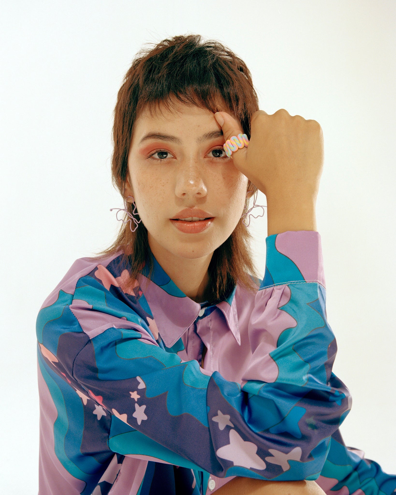 The Galaxy Glow Aura Shirt | A Groovy Satin Shirt for Dreamers | Long Sleeve Collared Buttondown in Magenta and Blues | Goose Taffy