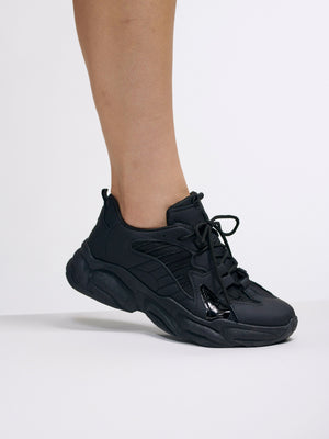 The Perfect Simple Chunky Black Sneaker | Cool Yet Sensible for Every Day Wear | All Black Lace Up Running Shoe Style | Goose Taffy