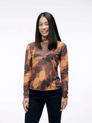 The Wicked Torque Top | Long Sleeve Sheer Mesh Shirt with Psychedelic Orange Black and Red Print | Goose Taffy