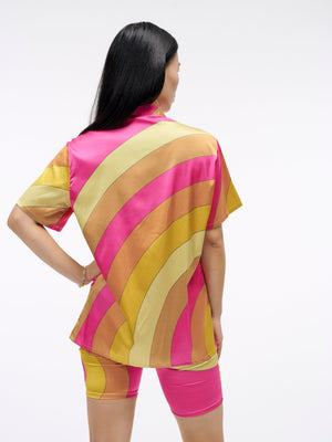 The Grand Sand Rainbow Shirt | A Fabulous Radiating Satin Shirt for Those Who Shine | Short Sleeve Collared Buttondown | Goose Taffy