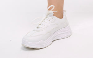 The Perfect Simple Chunky White Sneaker | Cool Yet Sensible for Every Day Wear | All White Lace Up Running Shoe Style | Goose Taffy