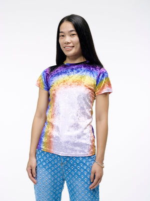 The Rainbow Gorgeous Velvet Top | The Tee for a More Colorful Tomorrow | Crushed Velvet Short Sleeve T-Shirt in Rainbow Print | Goose Taffy