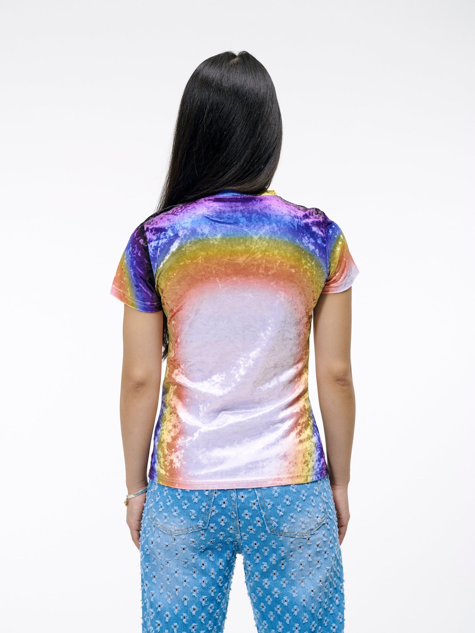 The Rainbow Gorgeous Velvet Top | The Tee for a More Colorful Tomorrow | Crushed Velvet Short Sleeve T-Shirt in Rainbow Print | Goose Taffy