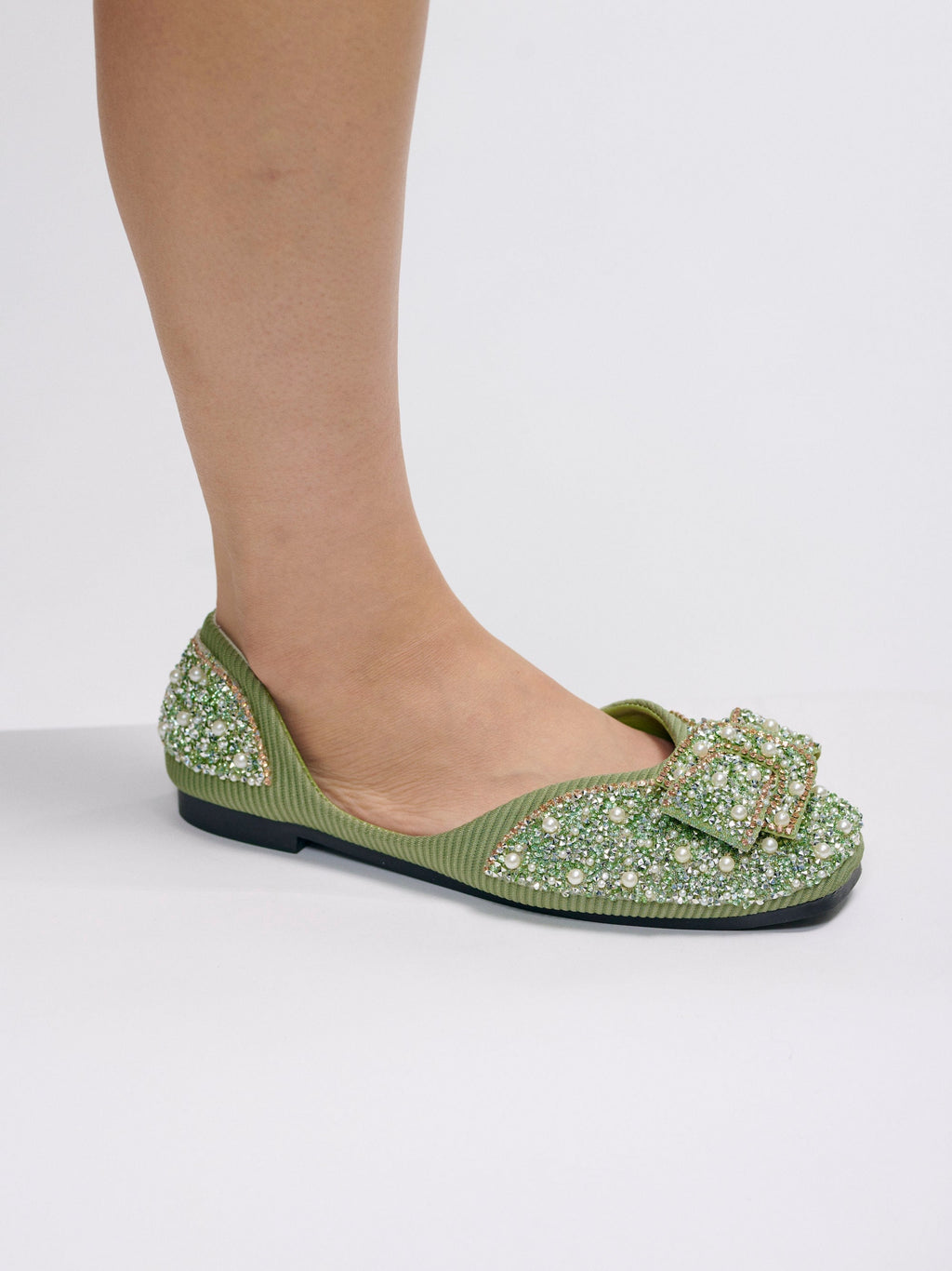 The Pearled and Bejeweled Ballet Flat | Blinged Out Yet Laid Back | Super Cute Slip On Shoe in Green with Buckle Detail | Goose Taffy