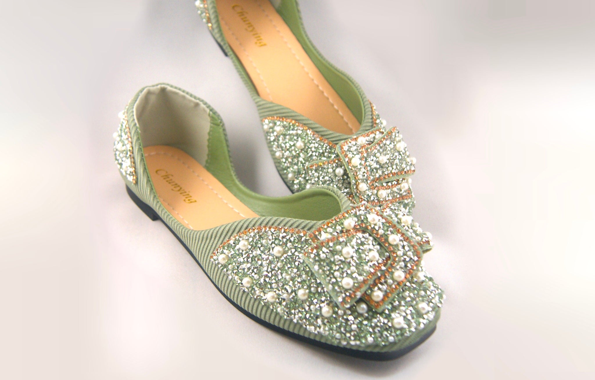 The Pearled and Bejeweled Ballet Flat | Blinged Out Yet Laid Back | Super Cute Slip On Shoe in Green with Buckle Detail | Goose Taffy