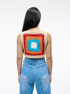 The Radiant Crochet Granny Square Top | A Handmade Piece for the Vintage Lover | Crochet Shirt in Cream Red Orange and Blue | Goose Taffy