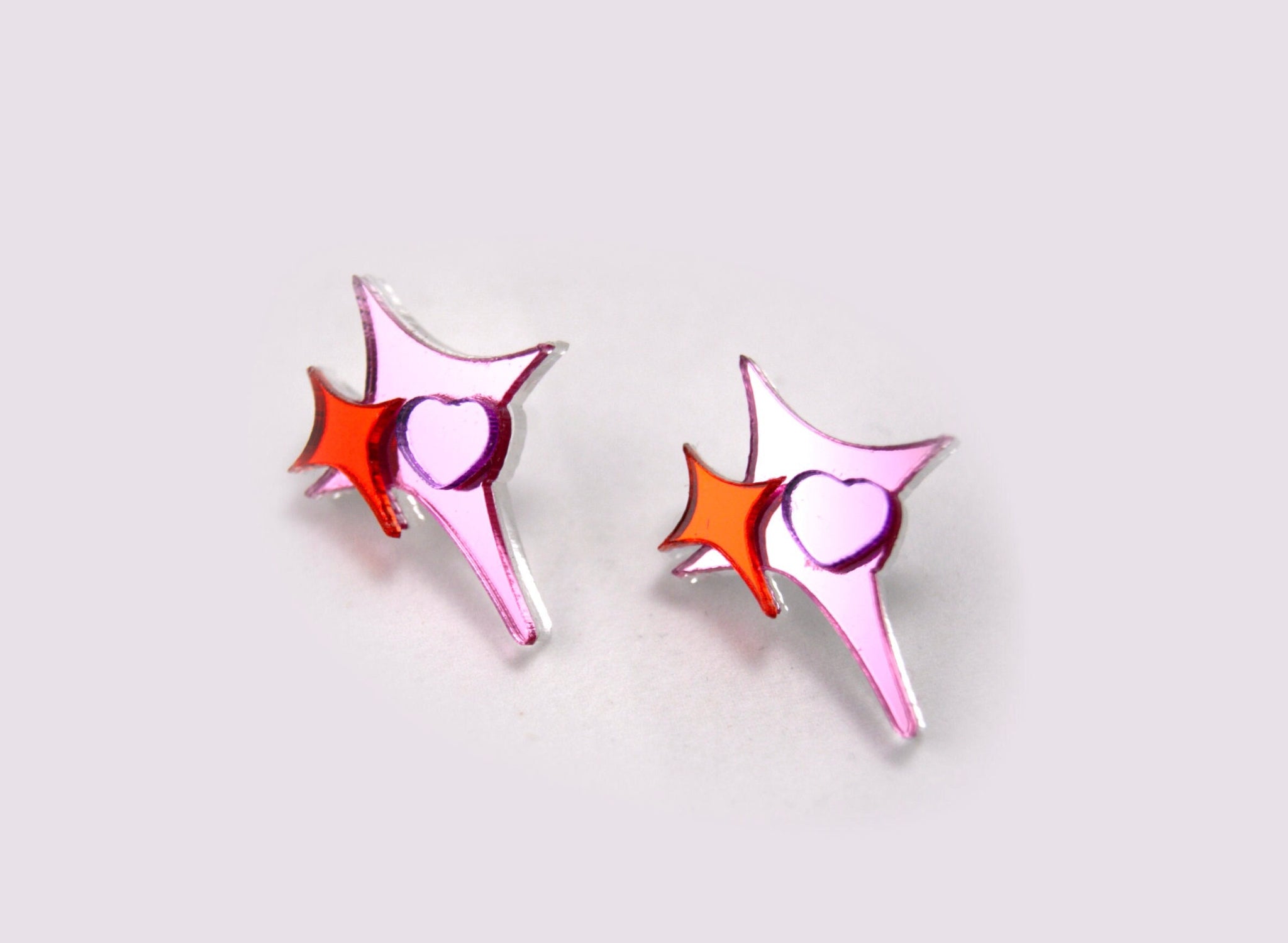 The Shining Sparkle Mirror Earrings | Pink and Red | Super Reflective Acrylic Studs with Mirrored Finish Hearts and Stars | Goose Taffy