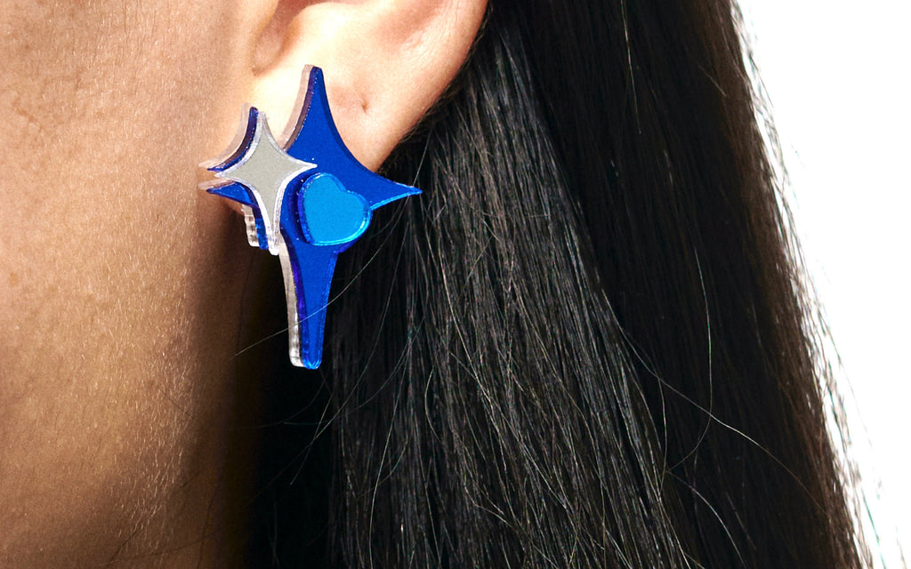 The Shining Sparkle Mirror Earrings | Blue and Silver | Super Reflective Acrylic Studs with Mirrored Finish Hearts and Stars | Goose Taffy