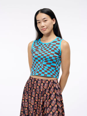 The Checkered Past Sweater Tank | A Super Cool Knit Crop Top in Blue and Brown Checkerboard Pattern | Goose Taffy