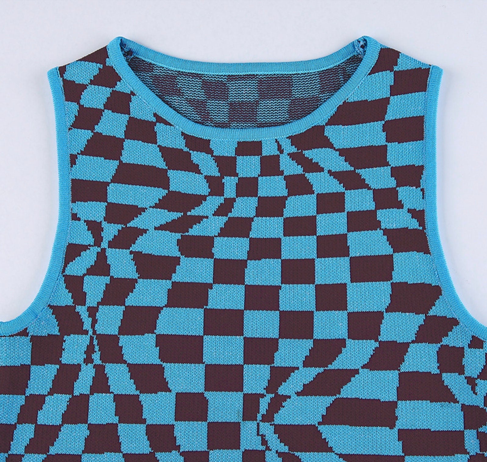 The Checkered Past Sweater Tank | A Super Cool Knit Crop Top in Blue and Brown Checkerboard Pattern | Goose Taffy