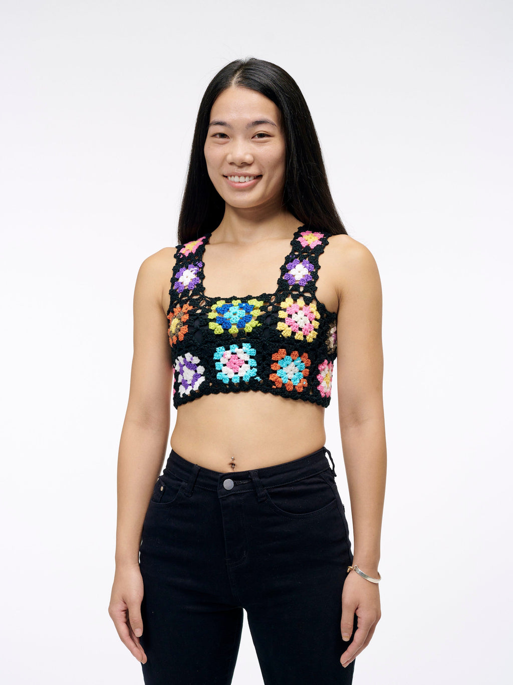The Flower Square Crochet Top | A Handmade Piece for the Vintage Inspired Lover | Crochet in Black and Rainbow Granny Squares | Goose Taffy
