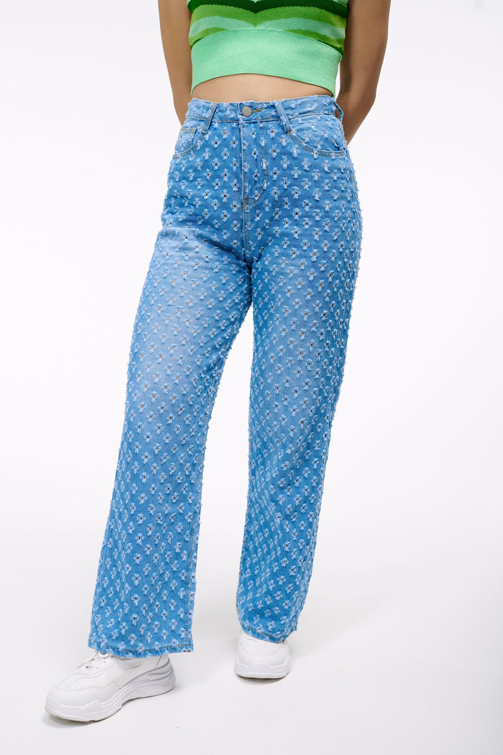 The Star Crossed Jeans | Your New Favorite Pants | Relaxed Fit Mid Wash Denim with a High Waist and Allover Cutout Detail | Goose Taffy