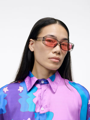 The Perfect Sunglasses | Clear Gray Frames with Pink Lenses | Unisex Rectangle 90s y2k Rave Club Style Aesthetic | Goose Taffy