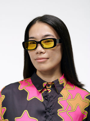 The Perfect Sunglasses | Black Frames with Yellow Lenses | Unisex Rectangular 90s y2k Raver Style Aesthetic Non Prescription | Goose Taffy