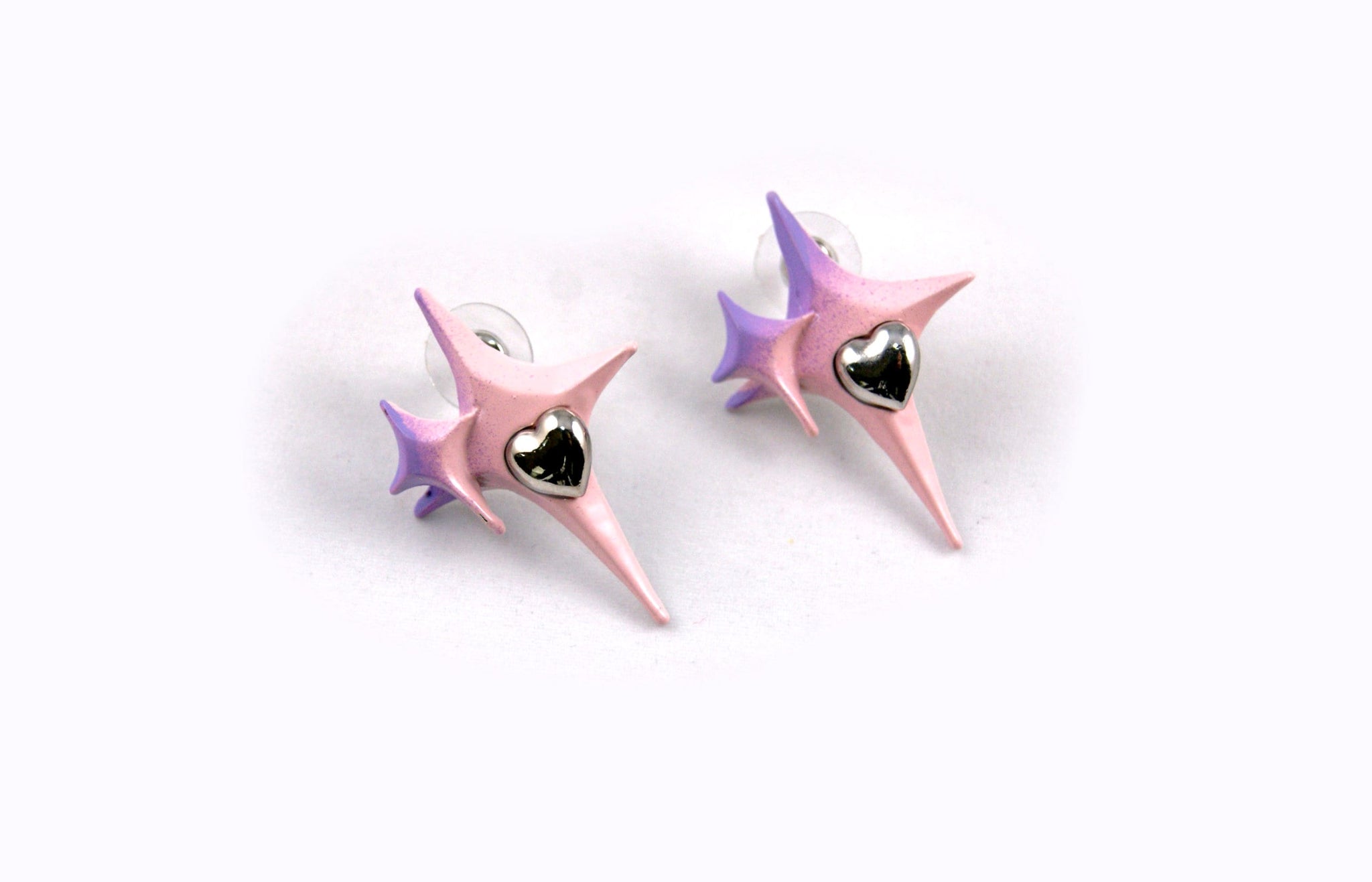 The Pastel Sparkle Enamel Earrings | A Super Kawaii Stud Accessory | Star Sparkle Shape with Hearts in Silver Pink and Purple | Goose Taffy